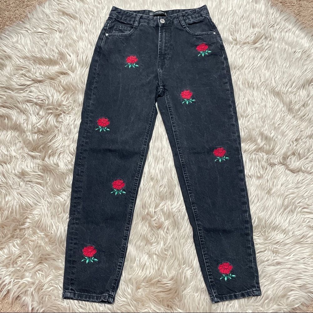 Zara Black Jeans with Red Floral Embroidery